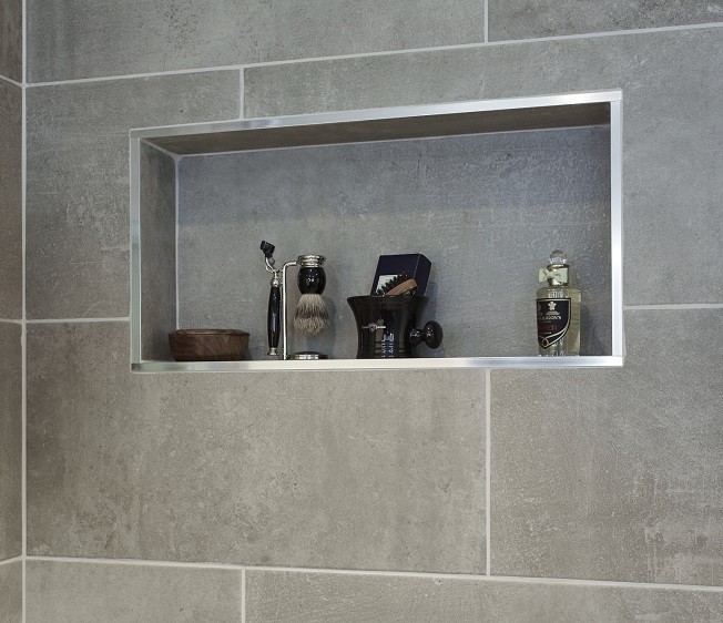 Recessed shower shelf for a bespoke garden annexe