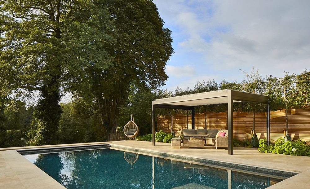 poolside pavilion for sun, wind and rain protection