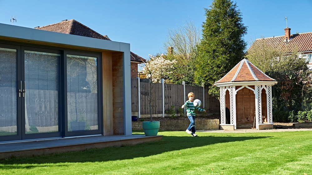 Sliding doors with integral blinds in a Cuberno garden office