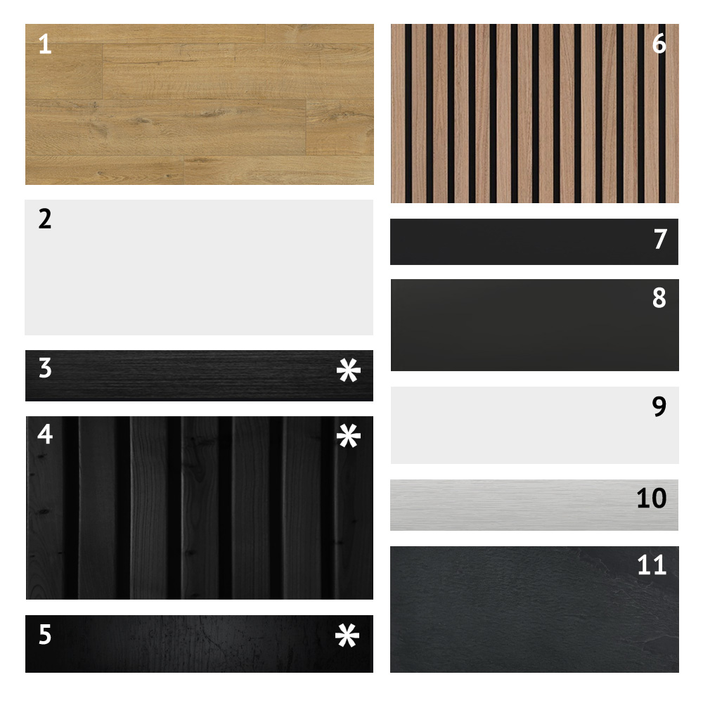 Cinnamon detailed moodboard with numbers and asterix and charcoal exterior